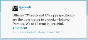 Officers CW2440 and CW2444 specifically are the ones trying to provoke violence from us. We shall remain peaceful. #ukuncut