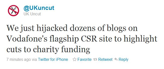 We just hijacked dozens of blogs on Vodafone's flagship CSR site to highlight cuts to charity funding