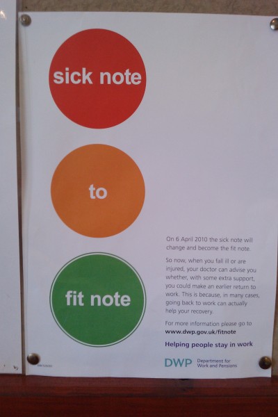 "Fit Note" poster seen in my doctor's waiting room.