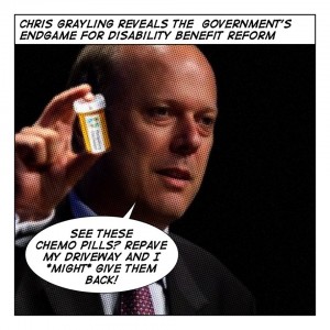 Chris Grayling holds chemo pills - "Repave my driveway and I might give them back"