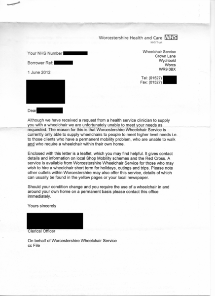 Letter from wheelchair services