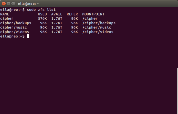 Screenshot showing output of zfs list command