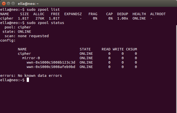 Screenshot showing output of zpool list and zpool status commands