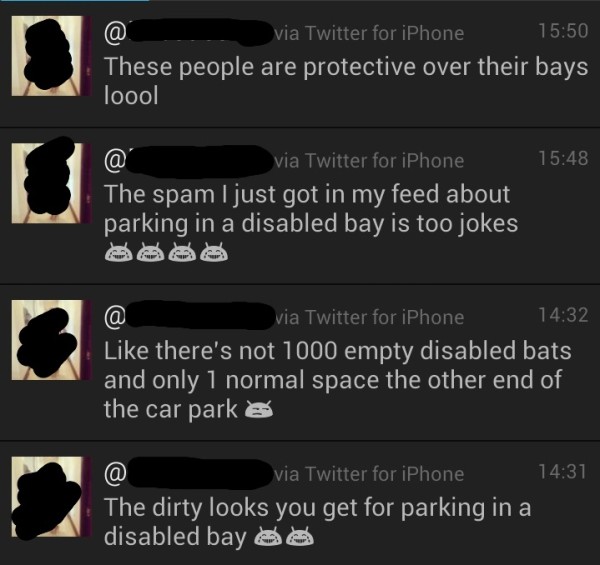 Tweets boasting about stealing disabled parking bays
