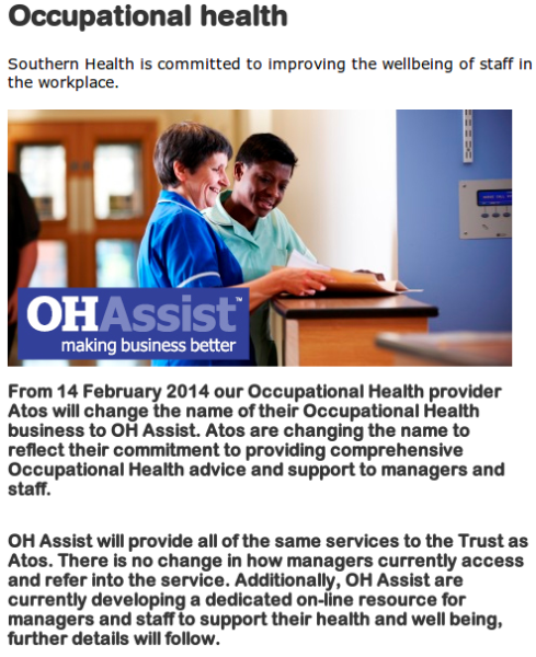 An Atos customer notifies staff of name change to OH Health